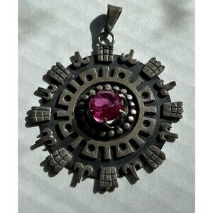 MEXICAN STERLING PENDANT W SYNTHETIC SAPPHIRE VINTAGE SIGNED‎